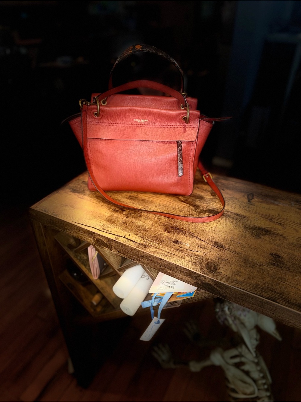 Henri Bendel Orange-Red Pebbled Leather Shoulder Bag with Snakeskin Accent - Picture 9 of 12